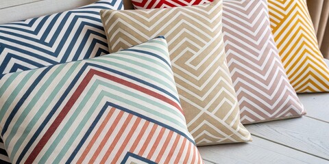 Obraz premium A collection of decorative pillows with geometric patterns and stripes in a variety of colors