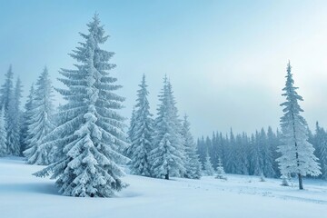Obraz premium Pine trees are dressed in a thick layer of snow their branches etched against a pale blue sky like delicate pen and ink drawings, winter scenery, cold weather, snow-covered branches, frosty trees
