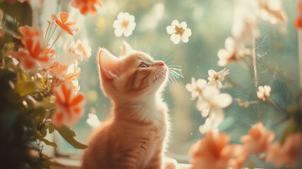 花と子猫の窓辺の風景