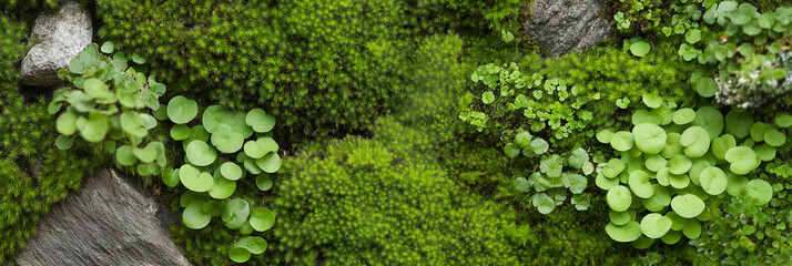 Moss and small green plants intricately intertwined on a boulder, showcasing rich textures and intricate beauty of nature's design in a serene environment.