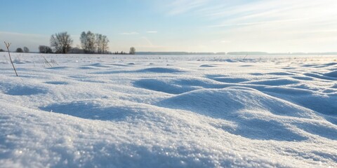 A pristine blanket of untouched snow drifts across a winter landscape under a vibrant blue sky