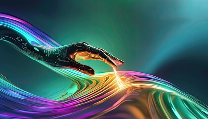 Human hand with vibrant, flowing light streams, illustrating a modern and technological concept of touch and connection
