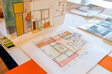 Architectural design sketches and color palettes displayed on a table for a project review in an office