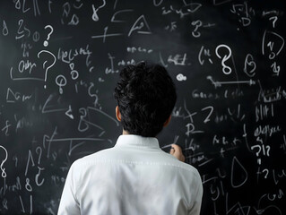 A person stands in front of a chalkboard filled with mathematical equations and symbols, contemplating complex problems.