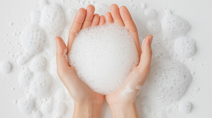 白い泡を手に持つクローズアップ