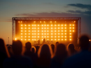 A vibrant outdoor concert scene at sunset, featuring a stage illuminated by bright lights and a...