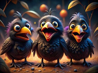 Cartoon Crow Expressions Set in Low Light Photography Featuring Playful, Whimsical, and Emotional Poses for Creative Projects and Illustrations