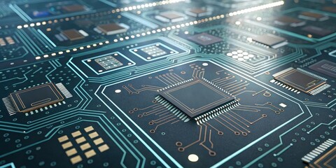 Close-up view of a complex microchip circuit board with intricate pathways and numerous integrated circuits