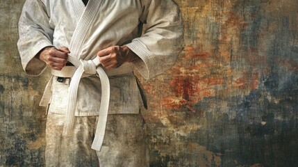A person tying a white belt in martial arts attire.