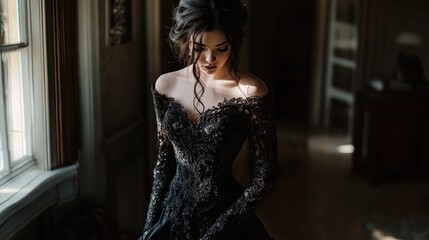Fototapeta premium A woman in a stunning black lace gown stands elegantly in a softly lit room.
