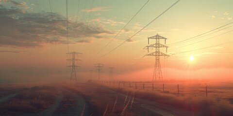 Sunrise Over Power Lines in a Foggy Field