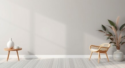 A minimalist living room with a wicker chair, a side table, a vase, and a plant.