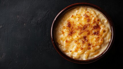 Creamy Baked Macaroni and Cheese in Brown Bowl on Dark Surface