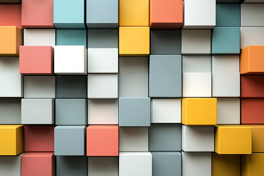 Colorful arrangement of geometric blocks creating a vibrant textured wall in a modern space
