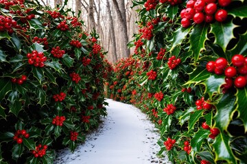 Naklejka premium Serene Holly Trail with Beautiful Red Berries and Organic Winter Elegance
