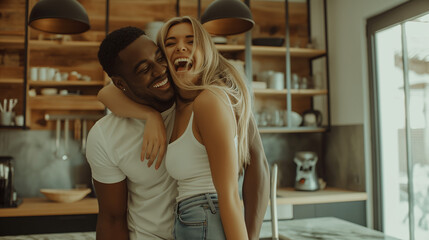 Couple laughing and tickling each other in a cozy kitchen.
