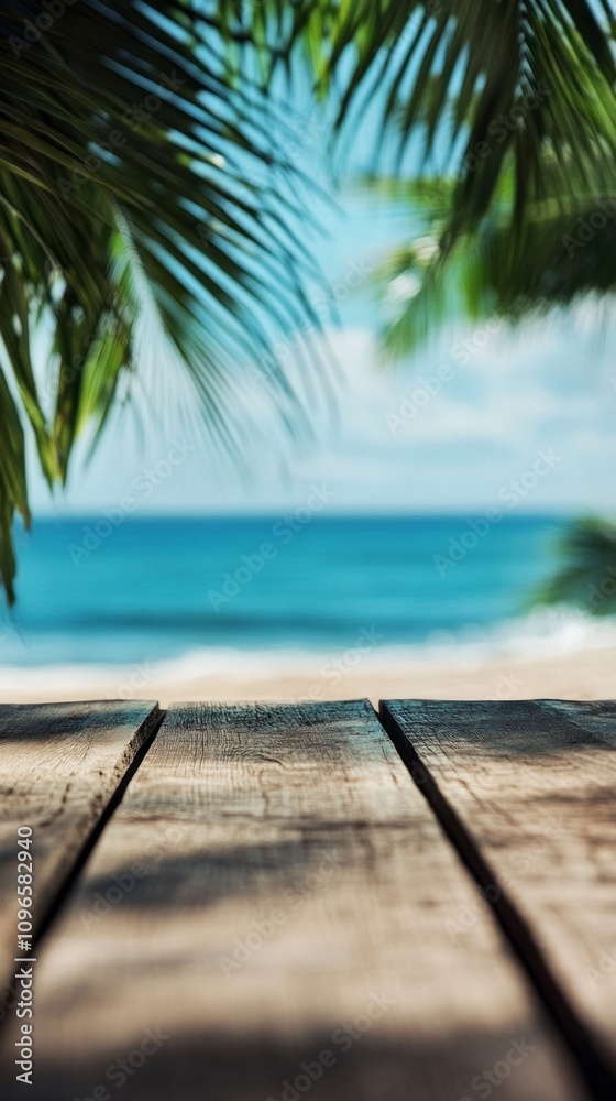Poster a wooden table with a view of the ocean