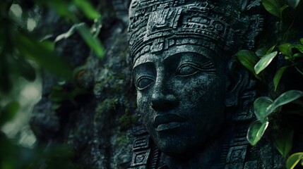 Ancient stone sculpture partially covered by foliage in a jungle.