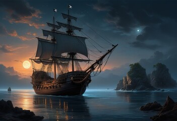 Obraz premium Pirate ship in the sea at sunset. Fantasy landscape