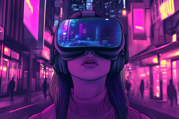 A woman wearing VR goggles in a neon-lit urban environment, exploring virtual reality.