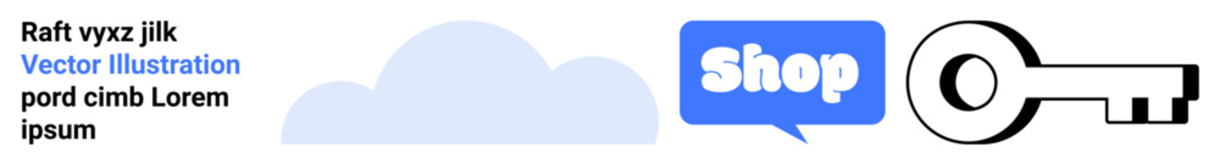 Cloud with text, shop icon in speech bubble, and black key symbol. Ideal for e-commerce, online shopping, digital marketing, cybersecurity, and website banners. Banner landing page