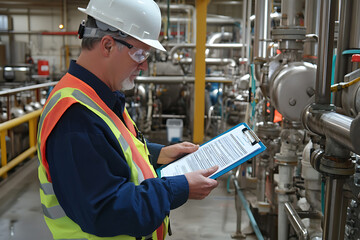 A safety auditor inspecting industrial equipment and checking compliance reports, highlighting the importance of safety audits and workplace risk management.
