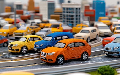 Fototapeta premium Colorful Knitted Car Traffic Jam Cityscape Miniature