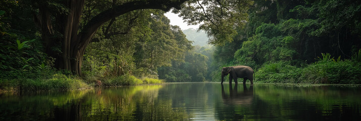 Majestic elephant peacefully standing in a lush and green jungle river; vibrant and breathtaking natural setting creates a serene, wildlife-rich composition.