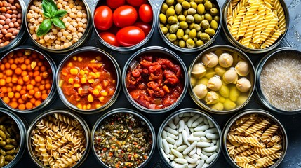 Assorted Canned Goods: A Colorful Array of Vegetables, Beans, and Pasta