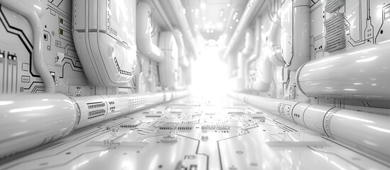 Futuristic White Corridor with Circuitry and Pipes