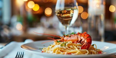 Lobster Pasta with White Wine in a Restaurant Setting