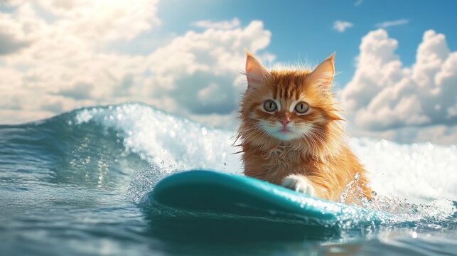 Fluffy Ginger Cat Riding a Surfboard on the Ocean Waves Under a Bright Blue Sky with White Clouds