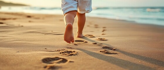 Toddler Walking Barefoot on Beach Leaving Small Footprints in Sand