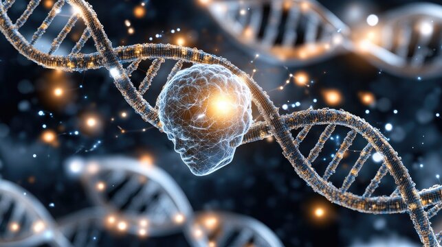 A digital figure with a DNA helix above shows tech and women's empowerment against a high-tech backdrop