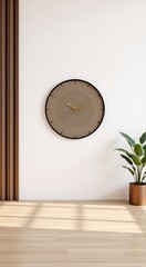 Minimalist clock on white wall with wood floor and green plant.
