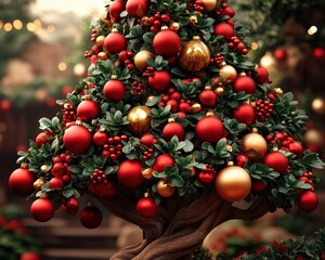 Fototapeta premium A Festive Tree Adorned with Red and Gold Ornaments Symbol of Joy, Unity, and Holiday Cheer During Festive Celebrations This image showcases a beautifully decorated tree, representing the spirit of