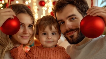 A heartwarming family photo depicting a joyful Christmas tradition parents and their toddler child decorating their living room with glowing red ornaments and twinkling fairy lights, symbolizing the