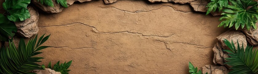 Obraz premium Tropical Leaves Frame on Cracked Earth Background Texture