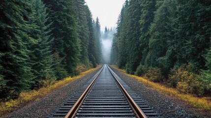 Fog envelops the old railroad track, creating a serene atmosphere as it leads through the dense forest under soft morning light