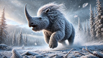 "A majestic Elasmotherium, a prehistoric rhinoceros-like creature, depicted mid-charge in a dynamic snowy winter landscape. With thick, woolly fur adapted for icy climates and a single massive horn pr