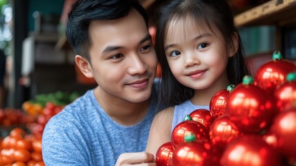 Fototapeta premium A heartwarming family scene A father and daughter lovingly decorate their home with vibrant red Christmas ornaments, symbolizing prosperity, happiness, and the joy of the holiday season This festive