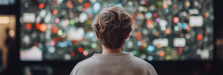 A person stands in contemplation before a large digital display of colorful images, symbolizing the vast array of experiences in the modern digital age.