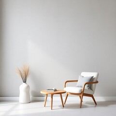 White armchair with a wooden frame and a grey pillow.
