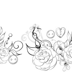 Sewing tools template with flowers, seamless background. Needles, buttons. Handcraft in retro style. Vintage old fashion, tailoring for postcard, fabric, printing. Graphic vector line, hand drawn