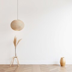 Modern interior with a wooden floor, a wicker pendant lamp, and a vase.