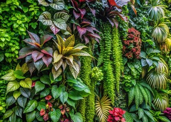 Close-Up of a Lush Vertical Garden Showcasing Vibrant Tropical Plants with Rich Textures and Colors for Home Decor Inspiration