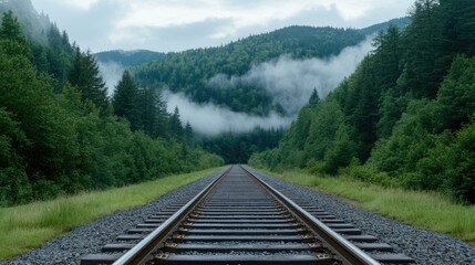 Fototapeta premium Fog envelops the old railroad track, creating a serene atmosphere as it leads through the dense forest under soft morning light