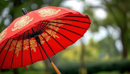 A vibrant red umbrella, adorned with exquisite gold motifs, symbolizes protection and cultural artistry This decorative parasol showcases intricate designs, representing tradition and heritage Its