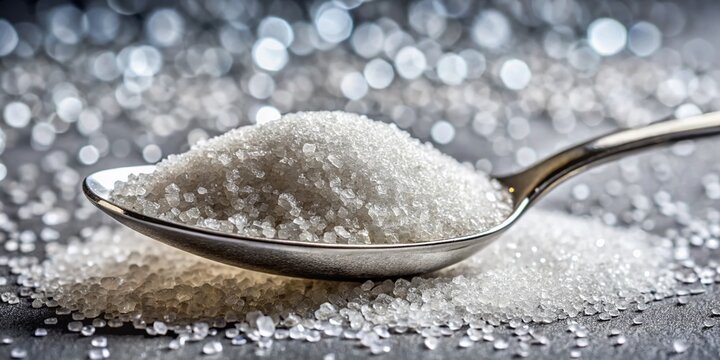 Close-Up of a Silver Spoon Filled with Granulated Sugar Against a Minimalist Background for Food Photography and Culinary Art
