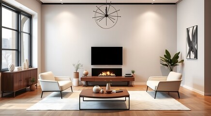 Modern living room with a fireplace, a TV, and two armchairs.